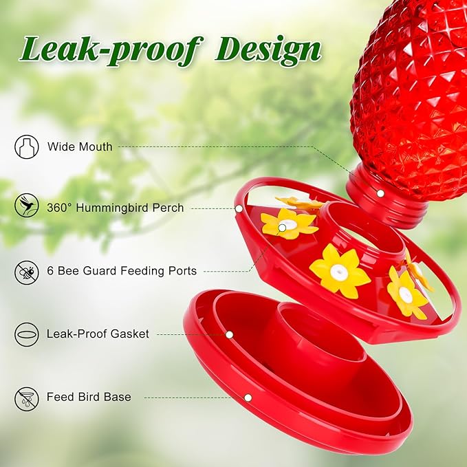 Fchstaer Glass Hummingbird Feeders for Outdoors Hanging Ant and Bee Proof 16OZ 1 Pack Red Pineapple Humming Bird Feeder with 6 Feeding Ports and Ant Moat Hummingbird Gifts for Women Garden Decor