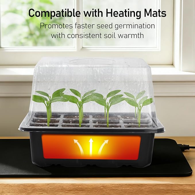 MIXC Seed Starter Tray with Elevated Lid, 120 Cells Seed Starter Kit with Adjustable Humidity Dome, Drainage Hole, Clear Heightened Lids for Indoor Outdoor Greenhouse Gardens, 10 Pack, Black