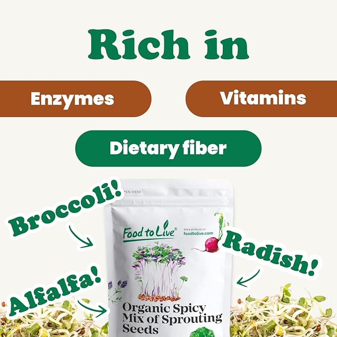 Food to Live Organic Spicy Mix of Sprouting Seeds, 1.5 Pounds — Non-GMO Broccoli, Radish, Alfalfa, Raw, Rich Germination Rate, Non-Irradiated, Pure, Kosher, Vegan Superfood, Bulk, Rich Sulforaphane