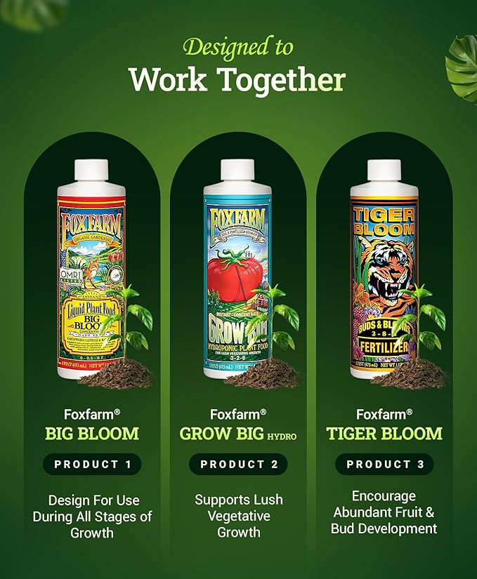FoxFarm Hydro Liquid Trio Pack - Big Bloom, Grow Big Hydroponic, Tiger Bloom Fertilizers for Plant Growth, Bud Development & Abundant Fruit - Complete Hydroponic Plant Food Set - 3 Pint Bottles