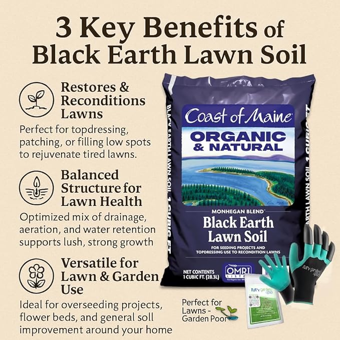 Coast of Maine MO1000 Monhegan Black Earth Lawn Soil 1 cf with My Garden Pool 7-in-1 Soil Test Strips, 20 ct. and Claw Gardening Gloves