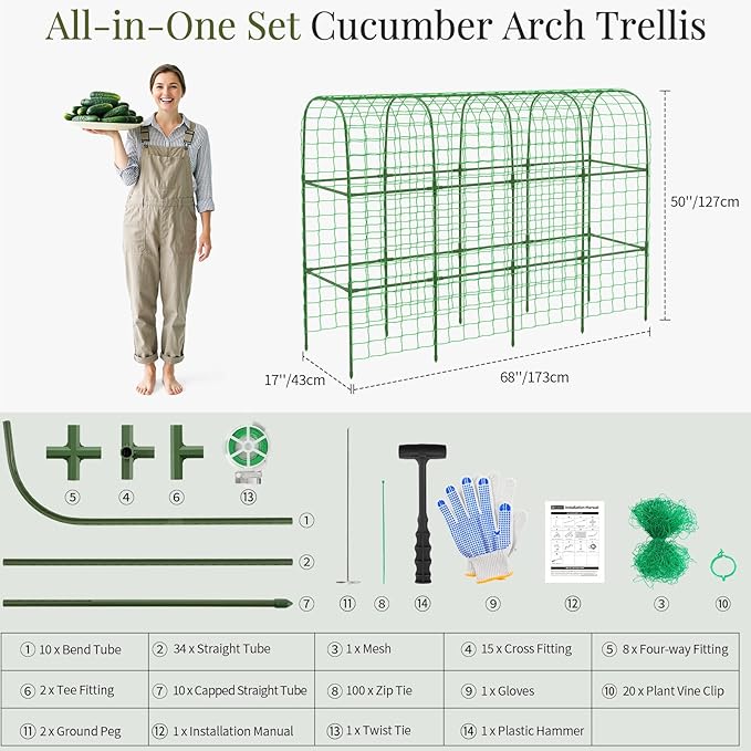 Housolution Cucumber Trellis for Raised Bed, 67"×48" U-Shape Garden Trellis for Climbing Plants Outdoors with 2×3m Net for Tomato Squash Zucchini Peas Beans Grape Fruit Flowers, Green