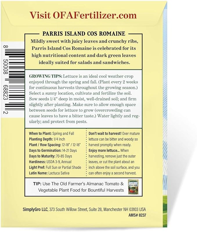 The Old Farmer's Almanac Heirloom Romaine Lettuce Seeds (Parris Island Cos) - Approx 1800 Seeds - Non-GMO, Open Pollinated, USA Origin
