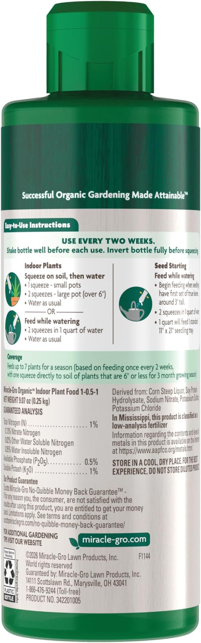 Miracle-Gro Organic Indoor Plant Food, Liquid Plant Food for Houseplants, Flowers, Vegetables, and Herbs, 1-0.5-1 NPK, 8 fl. oz., 2-Pack