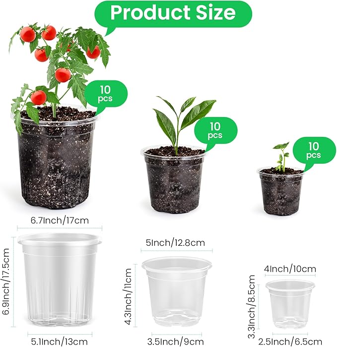30 Packs 6.7/5/4 Inch Reinforced Clear Nursery Pots with Drainage Hole, Transparent Variety Pack Plastic Plant Pot Seedling Planter for Vegetable Propagation, Root Cutting, Seed Starting