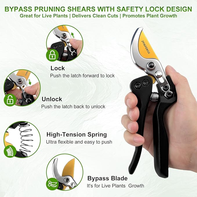 Pruning Shears for Gardening Professional 8"Bypass Garden Shears With Sharp SK5 Steel Blade Hand Pruners Clippers Scissors Tool for Yard Rose Tree Branches Flower Plants Limbs Vines