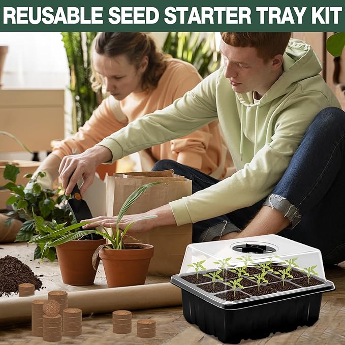 ZeeDix Seed Starter Kit, 2 Pack Seed Starter Trays with 30 PCS Coco Pellets, Base Tray for Indoor Planting, Mini Greenhouse Germination System for Herbs Vegetables Gardening Supplies(24 Cells)