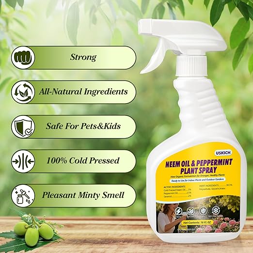 Neem Oil & Peppermint Plant Spray – Natural Leaf Shine with Natural Essential Oils for Indoor & Outdoor Use,Simple Ready-to-Use Plant Spray for Gardens, Houseplants- 16 oz