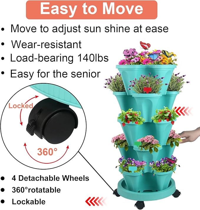 GameXcel Vertical Planter, 5 Tier Stackable Strawberry Planter with Garden Tool Set, Movable Indoor/Outdoor Garden Herb Pot for Growing Vegetables and Succulents, Teal