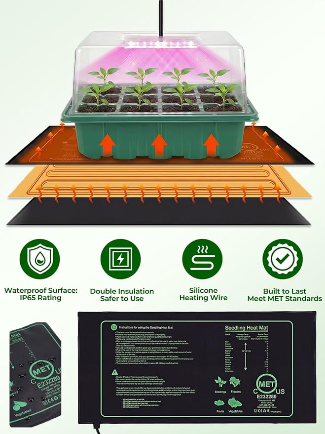Seed Starter Tray 3 Pack with Heating Mat & 24 Full Spectrum LEDs Grow Light – Auto Cycle Timer, Humidity Dome Ventilation Cover, Drainage Holes, Includes Gardening Tools – Green Version