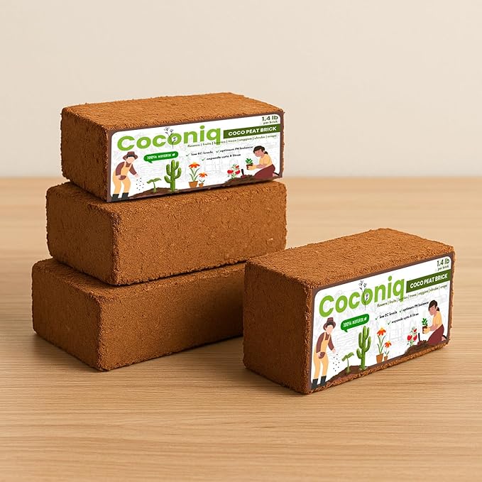 COCONIQ Premium Coco Coir Bricks 4 Pack - Lightweight Cocopeat for Garden Soil, Compressed Coconut Fiber Brick for Potting, Gardening, Planting, Seed Starting, Indoor & Outdoor Plants, Set of 4