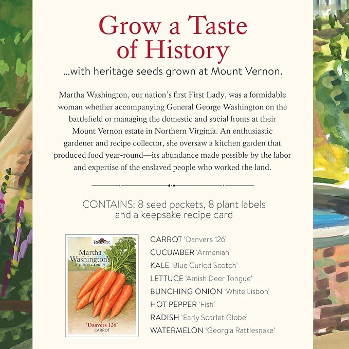Burpee 'Martha Washington’s Kitchen Garden' Seed Collection – 8 Historic Heirloom Vegetables Grown at Mount Vernon with Plant Labels & Keepsake Recipe Card