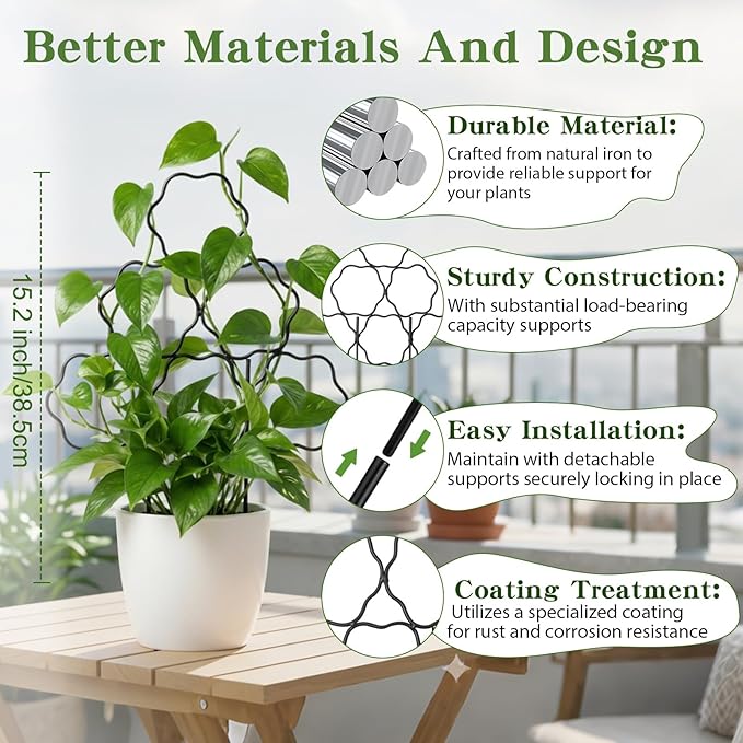 ZOUTOG 15 Inch Trellis for Climbing Plants Outdoor 3 Pack,Rustproof Metal Garden Trellis for Potted Plants,Sturdy Houseplant Support Indoor Outdoor for Ivy Pothos Monstera Hoya Flower Vine (Flower)