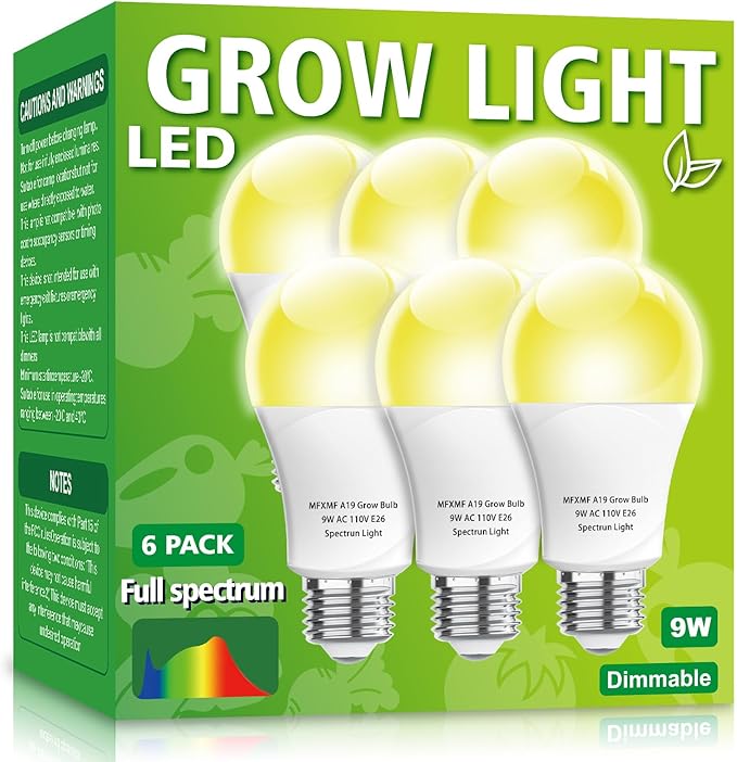 6 Pack LED Grow Light Bulbs A19 Bulb, Full Spectrum Plant Light Bulb, 9W E26 Grow Bulb Replace up to 80W, Grow Light for Indoor Plants, Flowers, Greenhouse, Indore Garden, Hydroponic