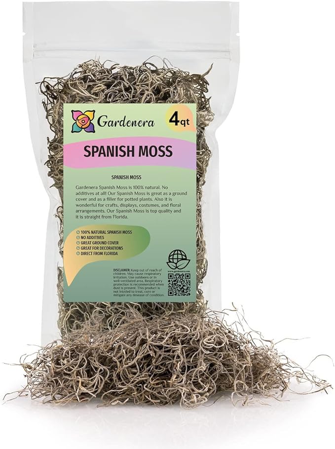 Gardenera Premium Natural Spanish Moss | Natural Preserved - Great Ground Cover - Filler for Potted Plants - 4 Quart Bag