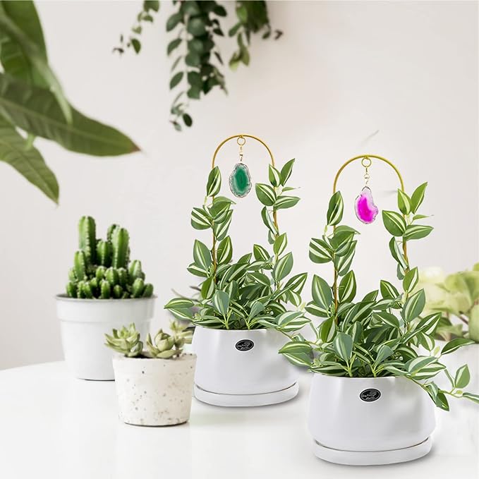2PCS Small Gold Trellis for Climbing Plants Indoor, Mini Metal Houseplant Climber Support for Potted Plants, Boho Decorative Pot Lattice with Agate for Hoya, Pothos, Ivy, Philodendron