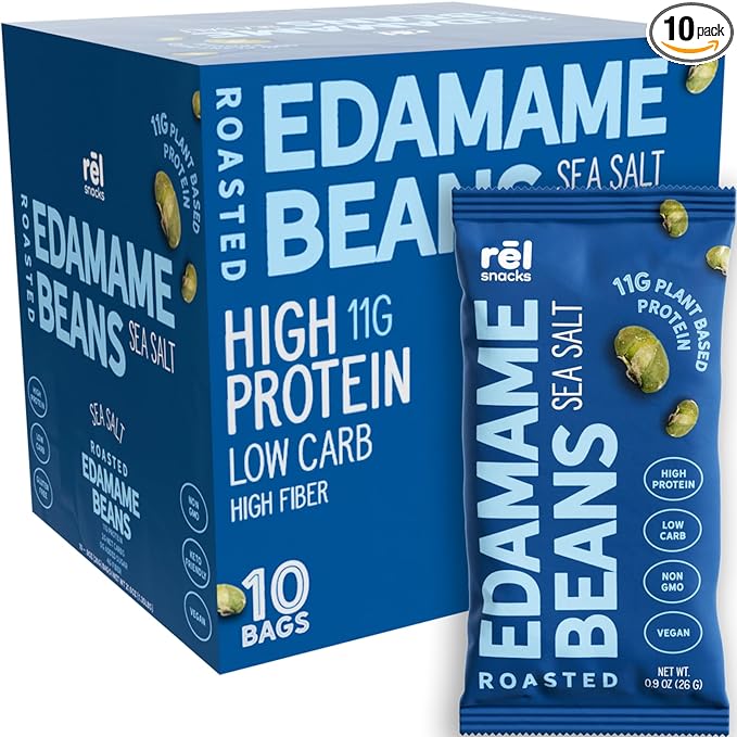 Rēl Snacks Sea Salt Roasted Edamame – High Protein Low Carb Snack (11g Protein per Serving) – Keto-Friendly, Vegan, Non-GMO – 10-Pack 0.9oz Bags
