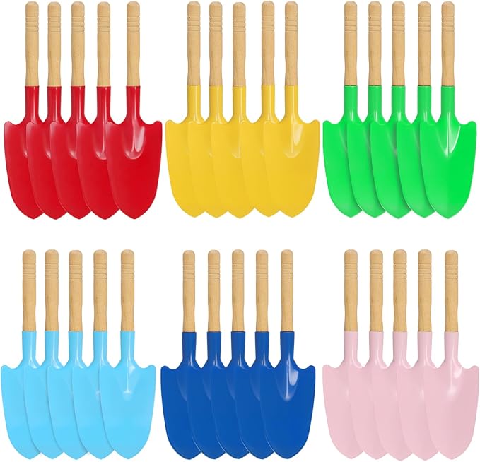 30 PCS Beach Spades, Metal Sand Shovel with Wooden Handle, Mini Metal Garden Shovels for Planting Loosening Digging, 10 Inch Long, 6 Colors