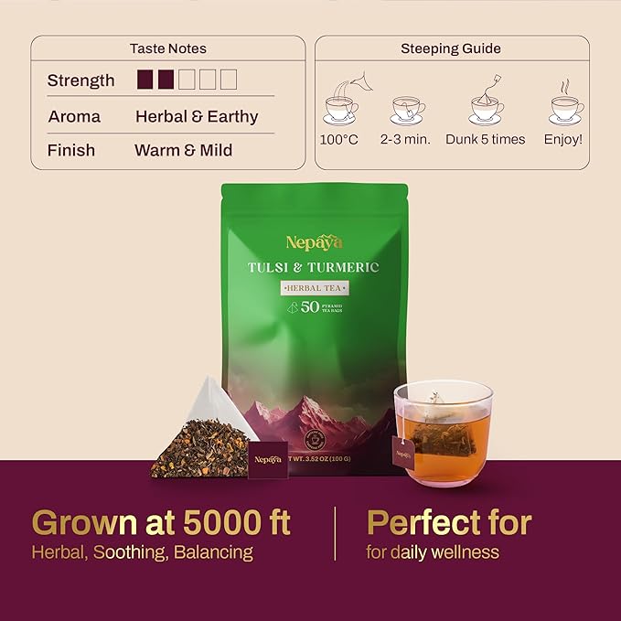 Nepaya Tulsi & Turmeric Herbal Tea – 50 Pyramid Tea Bags, Holy Basil with Cinnamon & Black Pepper, Biodegradable, Caffeine-Free, Himalayan Blend