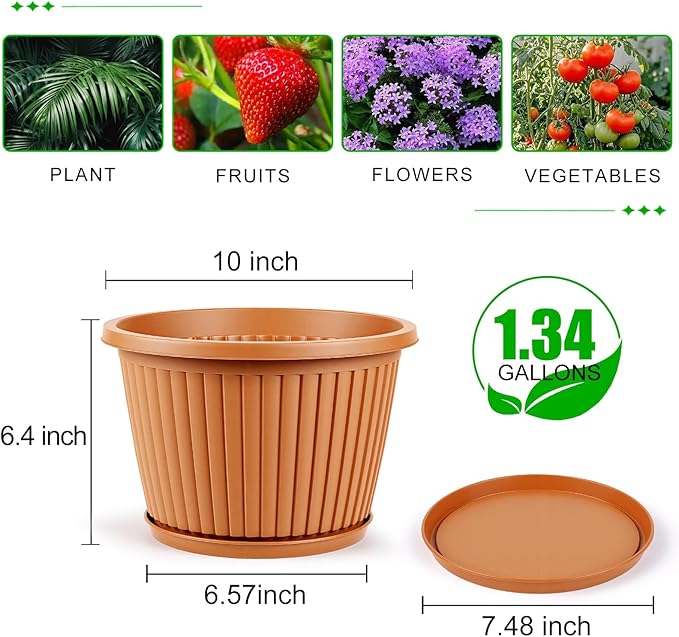 Planter-Pots-for-Plants-Indoor-Outdoor, 4 Pack 10 Inch Plastic Flower Pots with Saucer & Drainage Holes, Modern Garden Planters for Planting Medium Large Plants，Decorative Resin Garden Pots