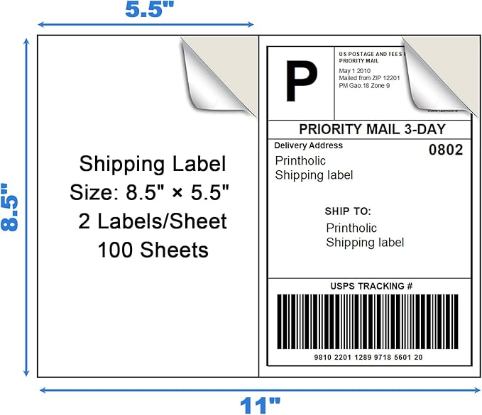 Printholic 200 Half Sheet Self Adhesive Shipping Labels 8.5" x 5.5" Compatible with for Laser & Inkjet Printers - 100 Sheets, 2 Labels Per Page