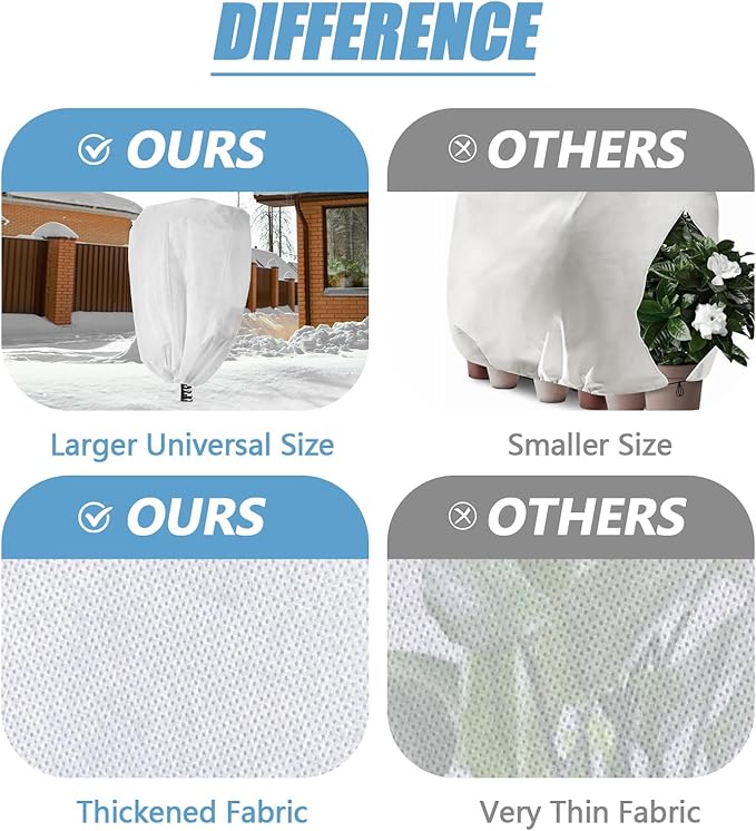 Plant Covers Freeze Protection, 24" x 32" 2.5oz/yd² Reusable Frost Cloth with Drawstring, Winter Plants Jacket Warm Shrubs Cover Blanket Frost Protection for Outdoor Garden Plants, 2 Packs