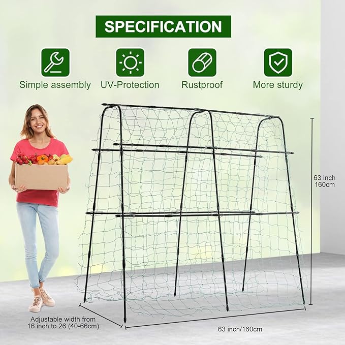 Cucumber Trellis for Raised Bed, 5x5ft Metal Garden Trellis Climbing Plants Outdoor Tomato Plant Support Grape Vegetables Squash Bean Pea Cucumber Trellis, with Netting, Black