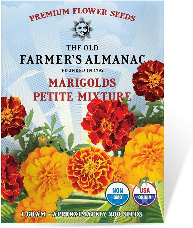 The Old Farmer's Almanac Petite Mixture Marigold Seeds - Premium Non-GMO, Open Pollinated, USA Origin - Approx 200 Flower Seeds