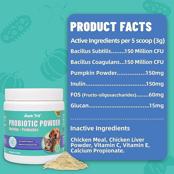 Just Try 7oz Probiotic Powder Probiotics for Dogs & Cat Probiotic - Gut Health for Dogs & Cat Constipation Relief Chicken Flavored - Dog Supplements Cat Supplies 200g