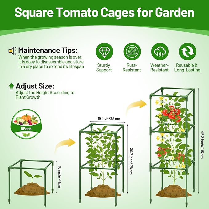 Legigo 6 Pack Square Tomato Cages- 45 Inch Heavy Duty Tomato Trellis for Climbing Plants Outdoor, Tomato Plant Support Stakes Cage Garden Trellis for Garden Raised Garden Bed Cucumbers Vegetables