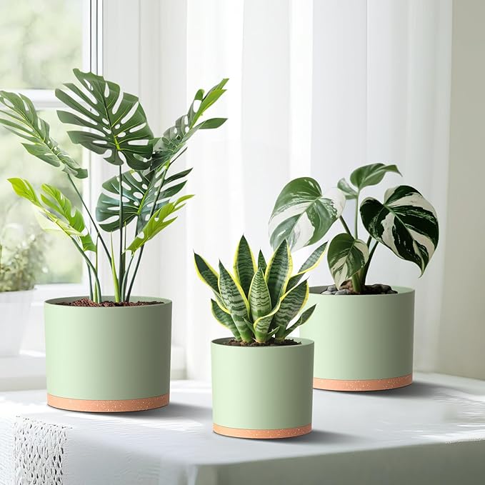 10/9/8 Inch Large Plant Pots with Drainage Holes and Trays, 3 Pack Modern Minimalist Cylinder Planters for Monstera, Snake Plant, Indoor Outdoor (Matte Green & Brown)