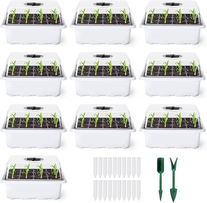 Delxo 10-Pack Seed Starter Kit Seedling Starter Tray (12 Cells) Humidity Adjustable Plant Germination Kit Garden Seed Starting Tray with Dome and White Base Plus Plant Tags Hand Tool Kit