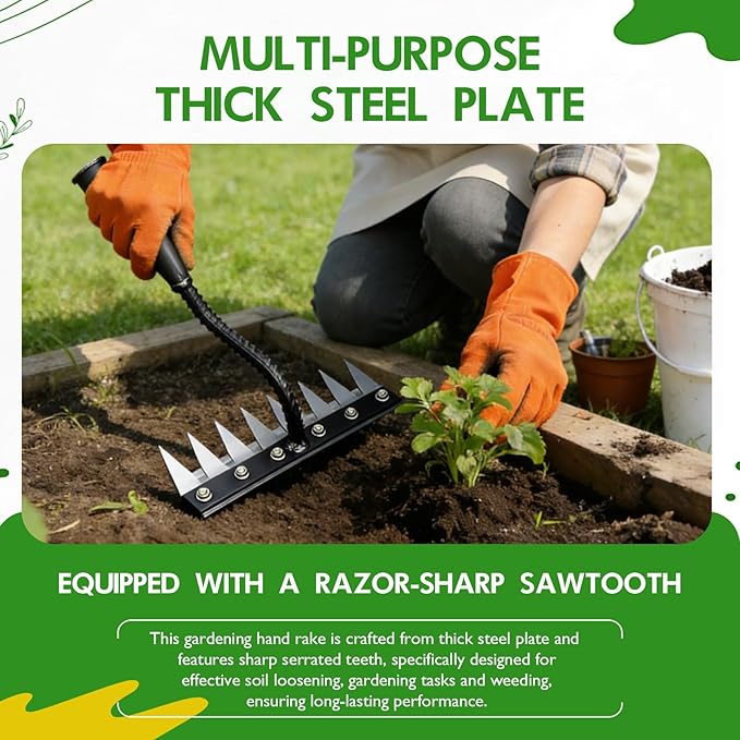 Iron Weeding Rake 2.0, 8 Teeth Carbon Steel Garden Weeding Rakes, Heavy-Duty Iron Rake for Gardening and Weeding