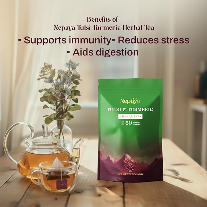 Nepaya Tulsi & Turmeric Herbal Tea – 50 Pyramid Tea Bags, Holy Basil with Cinnamon & Black Pepper, Biodegradable, Caffeine-Free, Himalayan Blend