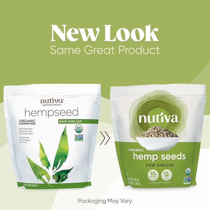 Nutiva Organic Raw Shelled Hemp Seed, USDA, Non-GMO, Non-BPA, Whole 30 Approved, Vegan, Gluten-Free & Keto, 10g Protein and 12g Omegas per Serving for Salads, Smoothies & More, 48 Ounce