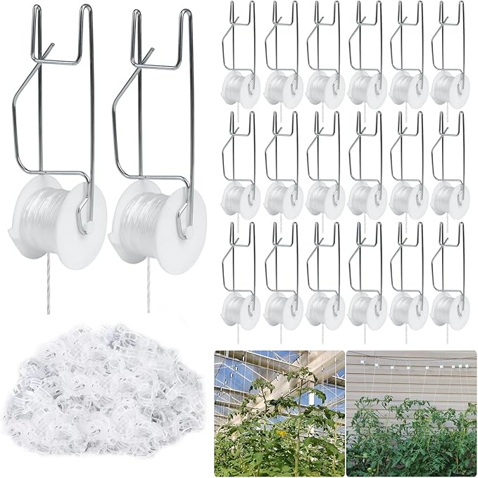 Tomato Support Hooks with String 20 Pcs,100 Pcs Plant Support Clips for Climbing Plants,Tomato Trellis Roller Hooks with 49.2FT String,Reusable Grape Vine Clips to Prevent Tomatoes