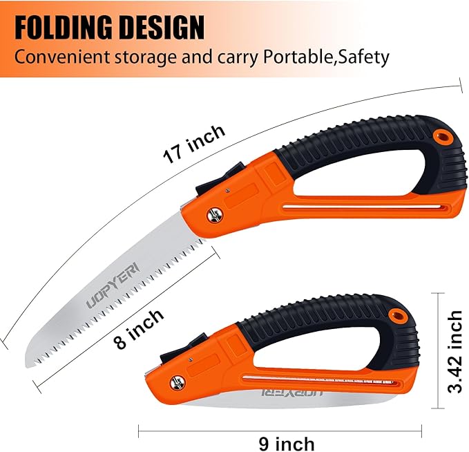 Folding Hand Saw 8 Inch with Safety Hand Guard, Heavy Duty Pruning Saw for Tree Trimming & Camping, High Carbon Steel Triple-Cut Razor Teeth for Wood, PVC, Bone, Survival Gear