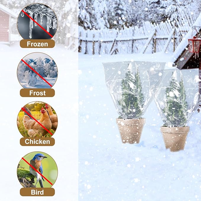 ANPHSIN 6 Pcs Winter Plant Cover Freeze Protection - 24" x 32" Plastic Plant Frost Bags with Drawstring, Transparent Waterproof Plant Shelter Coverings for Outdoors Garden Potted Plants