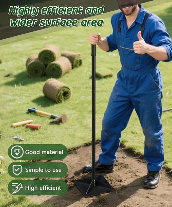 Thickened Garden Steel Tamper with 47 inch Adjustable Handle & Rubber Grip, 8"x8" Heavy Duty Soil Tamper Tool for Ground & Gravel Leveling, Steel Dirt Compactor for Yard, Sand, Driveway