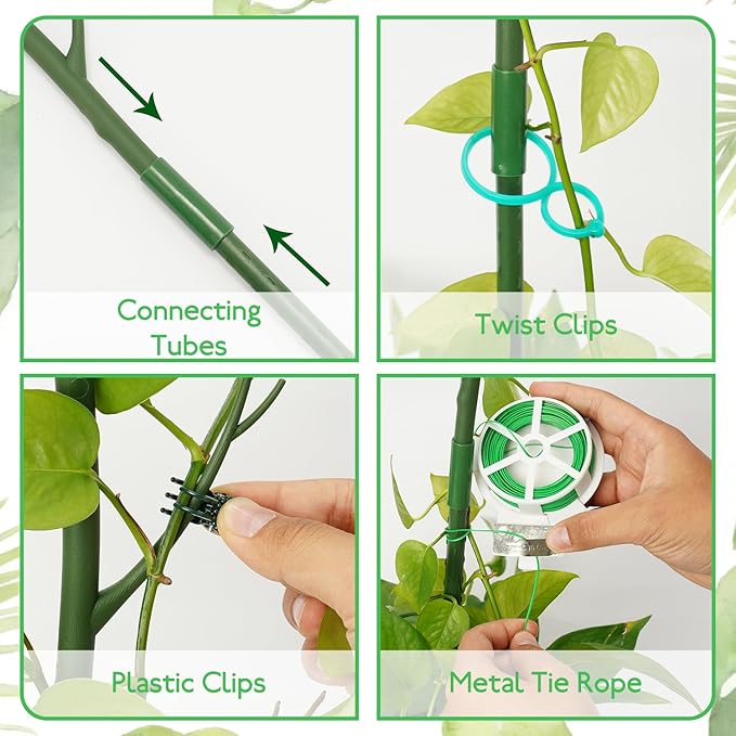 16 Pack Stackable Monstera Plant Support, 27.5 Inch Climbing Plants Support Structures for Indoor Outdoor Plants, 20 Orchid Clips & 16 Twist Clips & 65.5ft Twist Ties