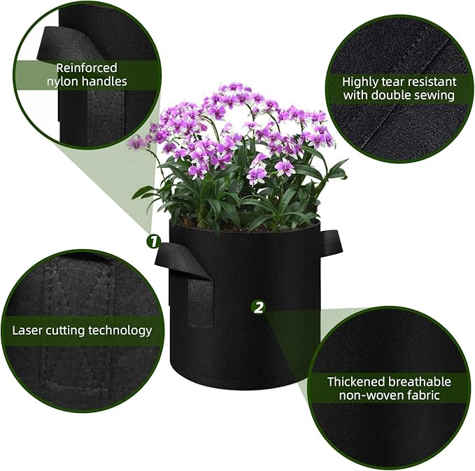 12-Pack 10 Gallon Plant Grow Bags, Thickened Nonwoven Fabric Pots with Handles, Vegetable Planter Bags Containers, Cloth Planters for Garden