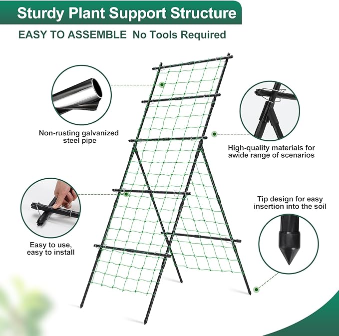 Cucumber Trellis A Frame Garden Trellis, Vertical Plant Support with Netting for Raised Bed Backyard Gardening, PE Coated Steel Climbing Trellis for Cucumbers Tomatoes Beans