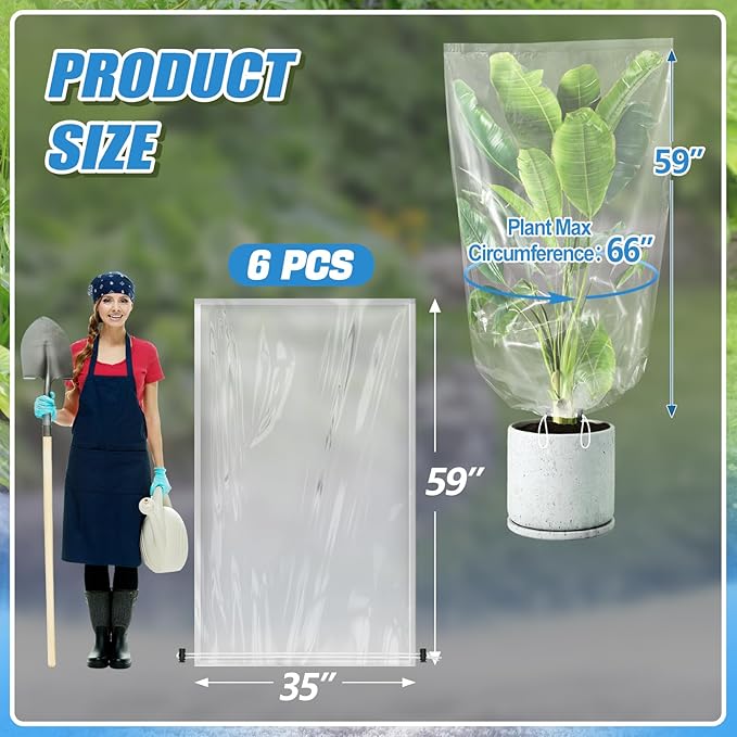 ANPHSIN 6 Pcs Winter Plant Film Cover with Drawstring - 35" x 59" Plastic Plant Cover Freeze Protection Transparent Waterproof Plant Shelter Bag for Outdoors Garden Plants Shrubs Sapling Crops