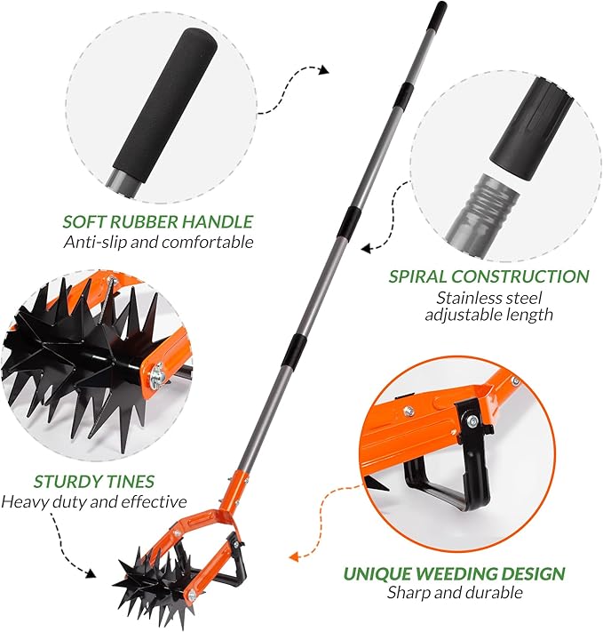 Walensee Rotary Cultivator Garden Tool, Adjustable Long Handle Hand Tiller with Star-Shaped Rolling Tines, 2-in-1 Weeder & Soil Aerator for Lawn Care, Reseeding Grass, Soil Mixing, Manual Yard Tiller