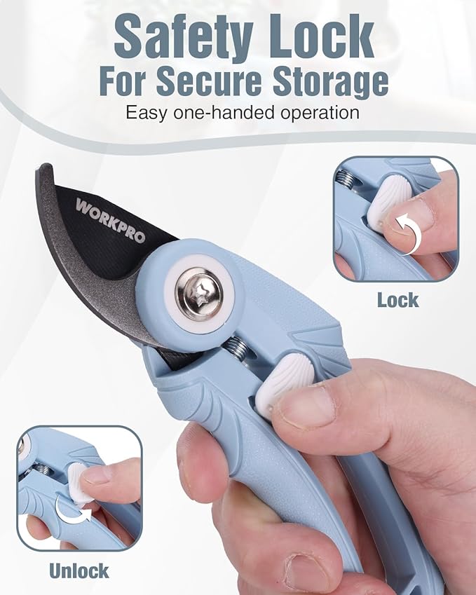 WORKPRO 6.9" Bypass Pruning Shears, Gardening Scissors with Sharp SK5 Steel Blade, Handheld Garden Floral Clippers for Rose, Plants, Flowers, Fruits Trees, Gardening Gifts for Women & Men, Blue