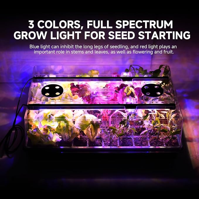 Large Seed Starter Tray with Grow Light and Thermostat Controller Heat Mat, 10"x 20.75" Heat Mats for Plant Growing，68-113°F Adjustable，Color Change Grow Lights，Germination Trays Kits