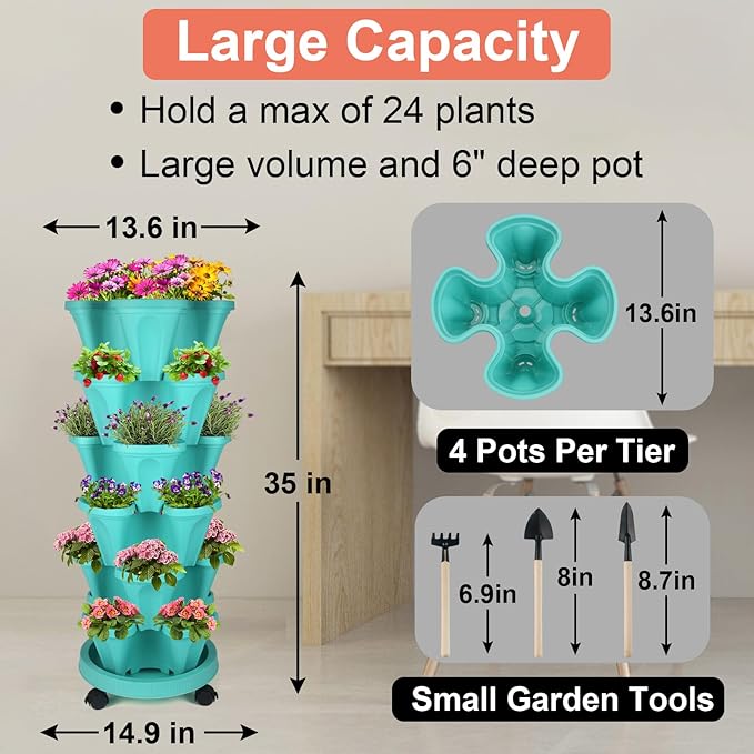 DUNCHATY Stackable Planter, Vertical Garden Planter with Wheels and Tools, Self Watering Strawberry Planter Indoor/Outdoor 6 Tier Herb Planter Pots for Growing Vegetables and Succulents, Teal