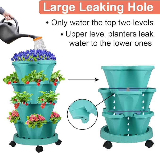 DUNCHATY Stackable Planter, Vertical Garden Planter with Wheels and Tools, Self Watering Strawberry Planter Indoor/Outdoor 4 Tier Herb Planter Pots for Growing Vegetables and Succulents, Teal