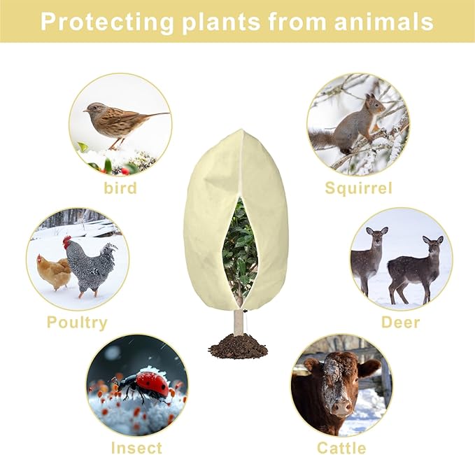 6 PCS Plant Covers Freeze Protection, 47.2"x31.5" Frost Blankets with Zipper Drawstring Reusable Winter Plant Protectors Bag Covers for Outdoor Garden Trees, Shrubs Cover for Frost Cold Pest, Beige