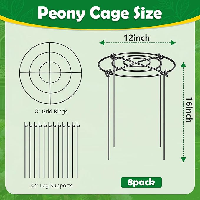 Peony Cages and Supports 8 Pack, 12x16 Inch Heavy Duty Metal Plant Cage for Outdoor Plants – Grow Through Flower Support Rings for Peonies, Roses, Tomatoes & Hydrangeas